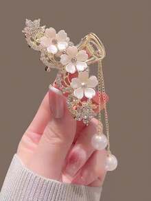 1 件女式多色水鑽鑲嵌人造珍珠花形波浪合金髮爪帶流蘇,適合日常配戴 - 彩色 - 查看 3