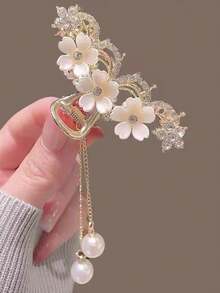 1 件女式多色水鑽鑲嵌人造珍珠花形波浪合金髮爪帶流蘇,適合日常配戴 - 彩色 - 查看 4