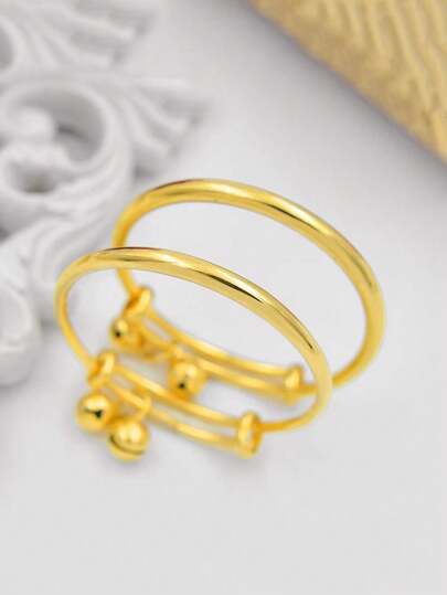 2pcs Set Baby Gold Plated Adjustable Bangle Bracelet, Decorative Accessories For Boys And Girls ,The Birthday Gift For Kids,Suitable For Daily Wear