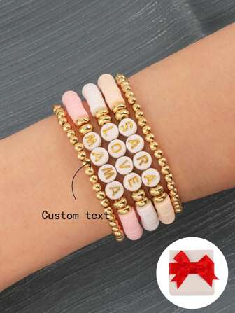 5pcs/Pack Customizable Light-Colored Alphabet Beads Charm Bracelets, Elegant Set Suitable For Women Daily Wear, Customizable With Names, Slogans, Album Names, Concert Slogans,Gold,Stylish,Colorful,Vintage,Simple,Unisex,Casual,Cuties,Custom,Personalized,Unique,Ideal Gifts For Him,Ideal Gifts For Her,Her,Boyfriend,Girlfriend,Dad,Mom,Family,Friends,For Anniversaries,For Birthdays,For Graduation,For Prom,For Party,Stainless Steel Jewelry