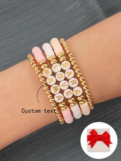 Set de 5 piezas de pulseras con cuentas de letras del alfabeto personalizables de colores claros, un elegante conjunto adecuado para el uso diario de las mujeres, personalizables con nombres, lemas, nombres de álbumes, lemas de conciertos, en oro, elegante, colorido, vintage, simple, unisex, casual, lindos, personalizados, únicos, regalos ideales para él, regalos ideales para ella, novia, novio, papá, mamá, familia, amigos, para aniversarios, para cumpleaños, para graduación, para fiesta, joyería de acero inoxidable