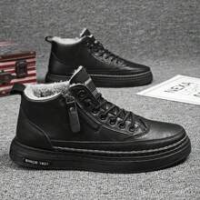 男士冬季工作服鞋，复古中帮英式黑色短靴，带侧拉链，保暖内衬，适合休闲装 - 黑色 - 查看 2