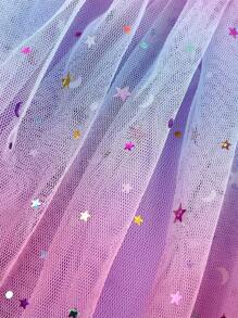 Young Girls' Gradient Mesh Skirt With Moon, Star & Glitter Sequins For Dance, Festival Performance Dress-Up