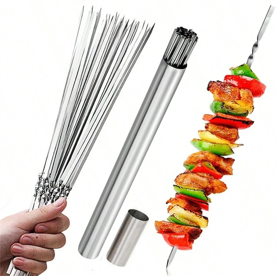 50pcs Reusable Stainless Steel Barbecue Skewers + 1 Storage Tube, Ideal For Christmas, Wedding, Birthday Party