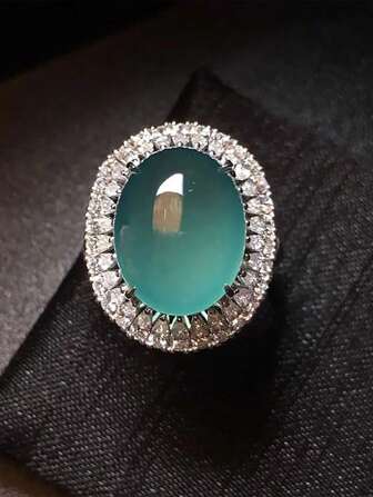 1pc High-Quality Gemstone Aquamarine Jade Ring With Pave Diamonds, Elegant Design For Women's Daily Wear