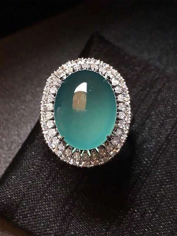 1 Peça Anel de Jade Aquamarina de Alta Qualidade com Diamantes Pavê, Design Elegante para Uso Diário de Mulheres