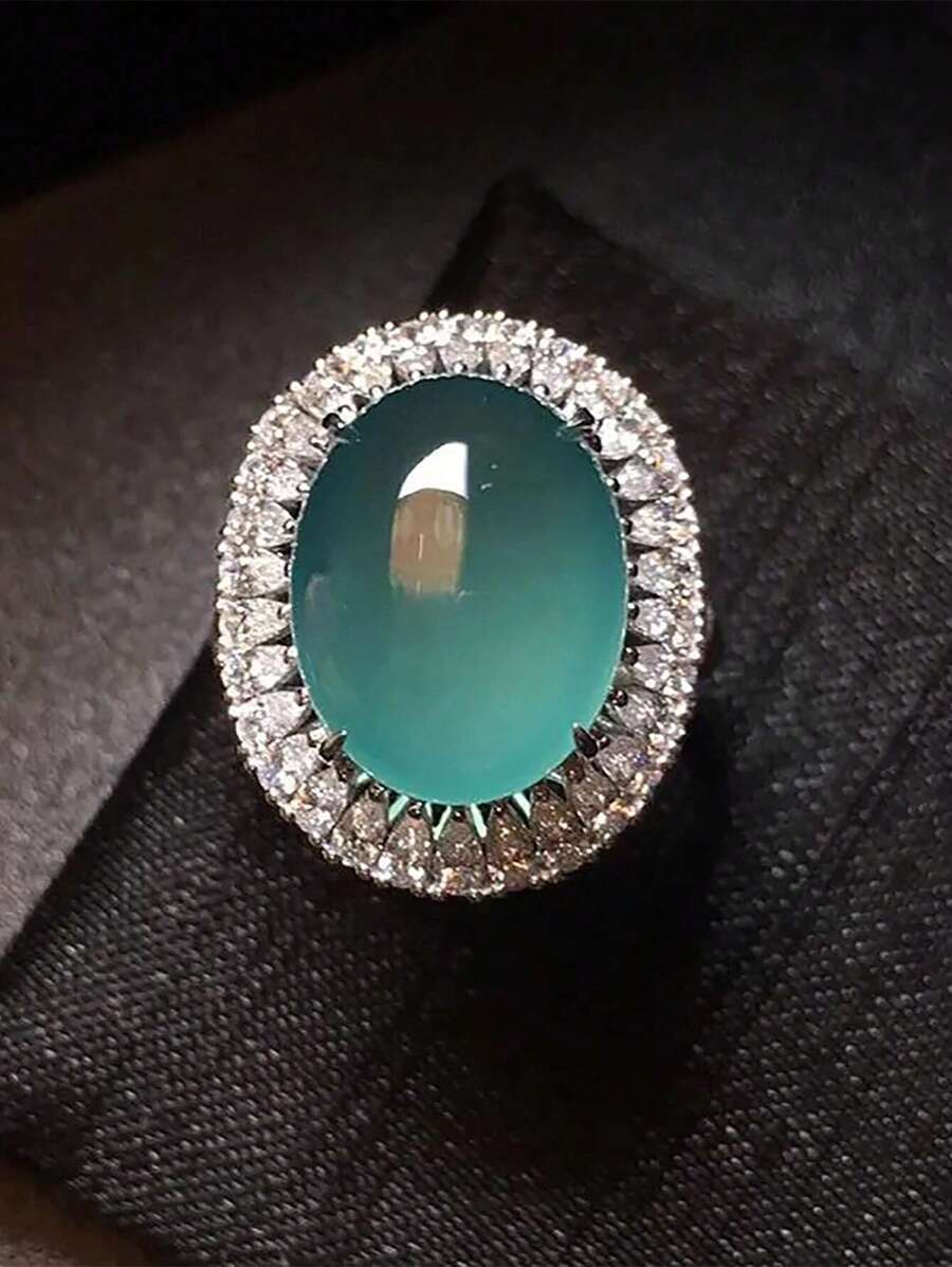 1 件高品质宝石海蓝宝石翡翠戒指，密镶钻石，优雅设计，适合女性日常佩戴 - 藍色 - 查看 1