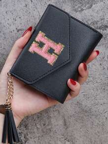 Portofel scurt pentru femei Portofel din piele PU neagră Fată drăguță Poșetă minunată pentru monede 26 scrisori inițiale Moda Femeie Suport carduri de mână Mini ciucuri Portofel