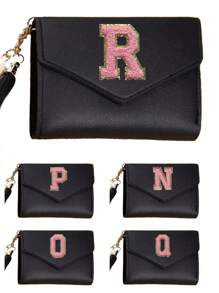 Portofel scurt pentru femei Portofel din piele PU neagră Fată drăguță Poșetă minunată pentru monede 26 scrisori inițiale Moda Femeie Suport carduri de mână Mini ciucuri Portofel