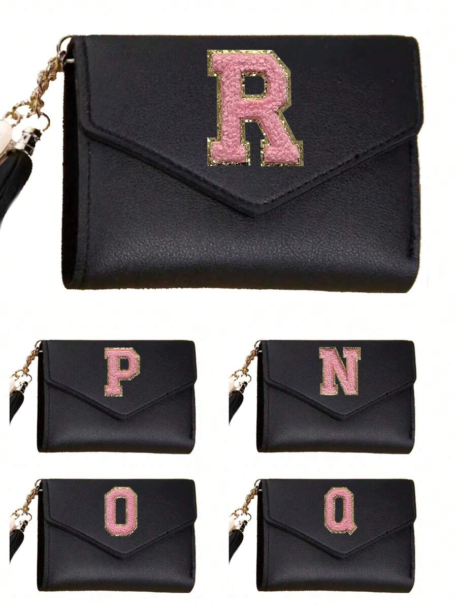 Portofel scurt pentru femei Portofel din piele PU neagră Fată drăguță Poșetă minunată pentru monede 26 scrisori inițiale Moda Femeie Suport carduri de mână Mini ciucuri Portofel