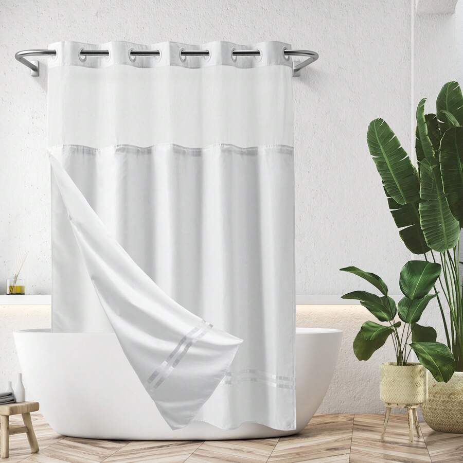 River Dream Shower Curtain With Snap In Liner,No Hooks Needed Shower Curtain For Bathroom,Hotel Grade,Machine Washable,71" Wx74" H, White And Black Stripe And Magnet - 白色&白色條紋 - 查看 1