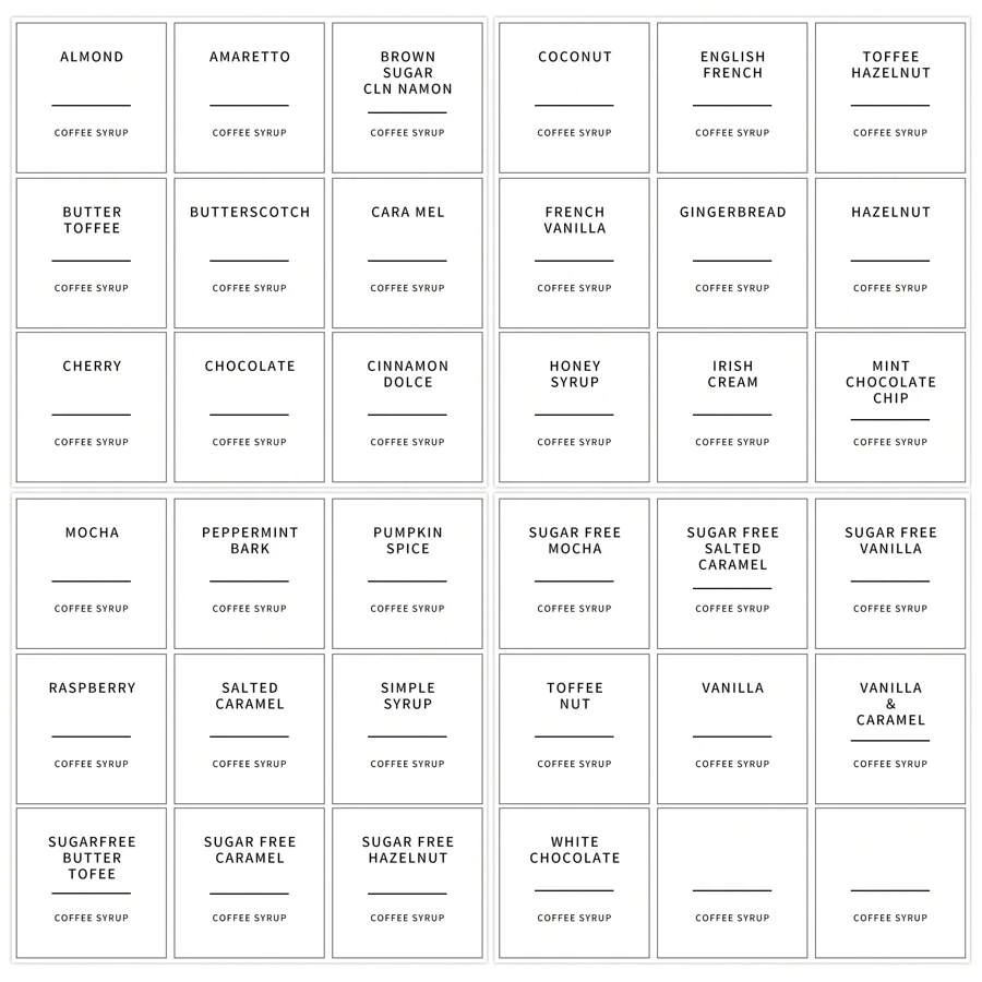 36pcs Simple Coffee Syrup Labels, Coffee Bar Classified Self-Adhesive Stickers, Organization Labels Stickers, Glass Waterproof Coffee Syrup Bottle Dispenser Labels (4 Sheets, 9 Stickers Per Sheet) - White - View 1