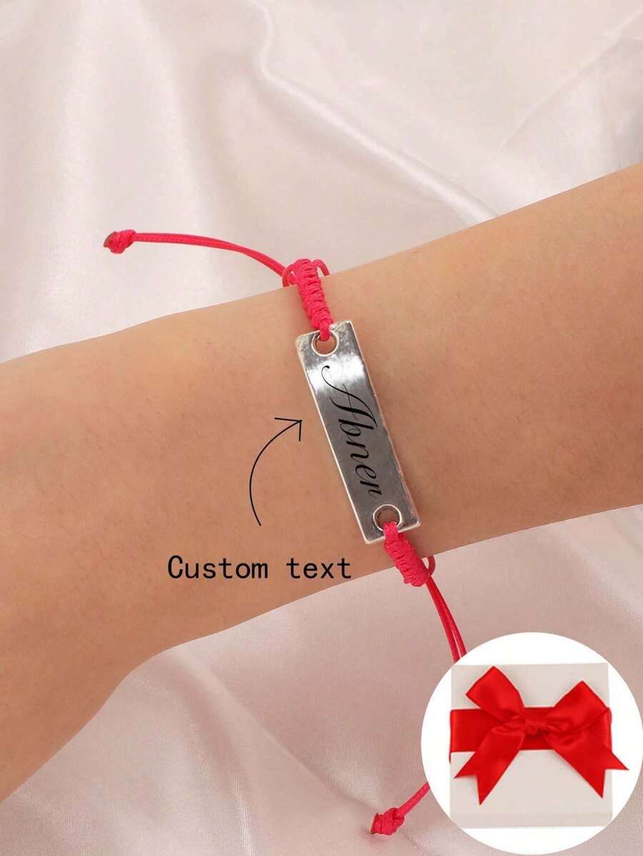 1個訂製雕刻手繩，多種顔色蠟繩和具有雙孔合金魅力，手工編織手鍊可自定顔色、名字和口號，男女適用日常佩戴 - 玫紅色 - 查看 1
