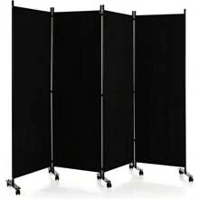 Separador de ambientes plegable de 4 piezas, biombo visual de 225 x 173 cm con marco de metal, biombo plegable con ruedas para salón y comedor - Negro - Ver 1
