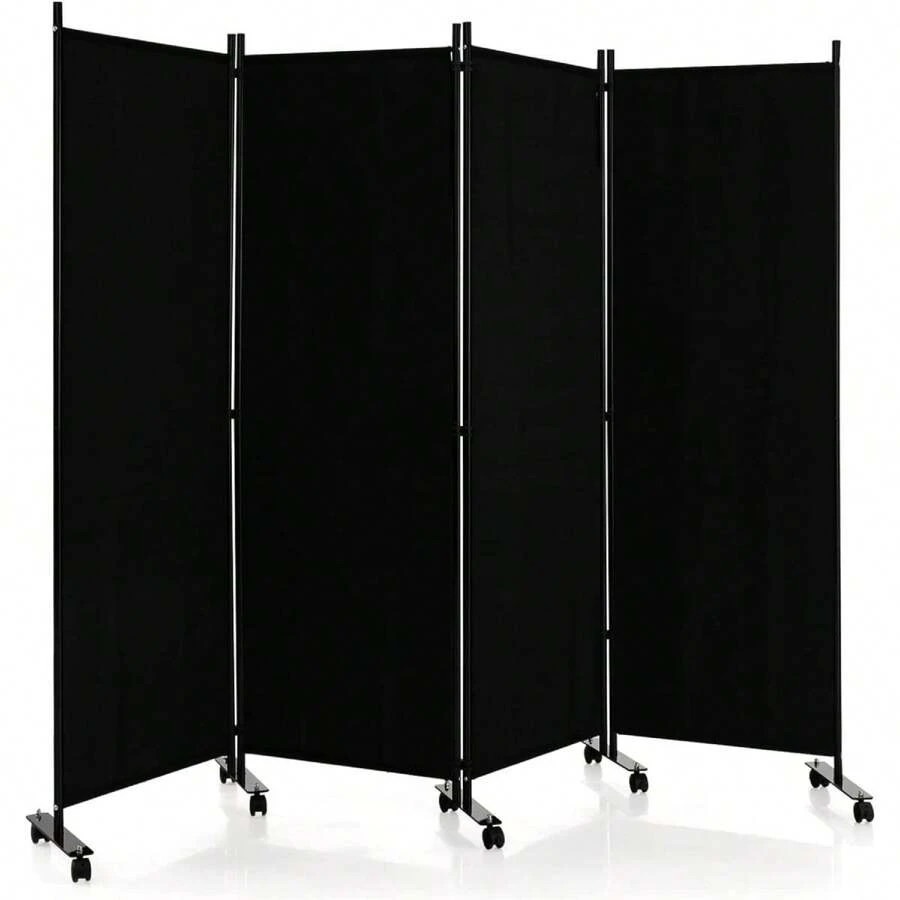 Separador de ambientes plegable de 4 piezas, biombo visual de 225 x 173 cm con marco de metal, biombo plegable con ruedas para salón y comedor - Negro - Ver 1