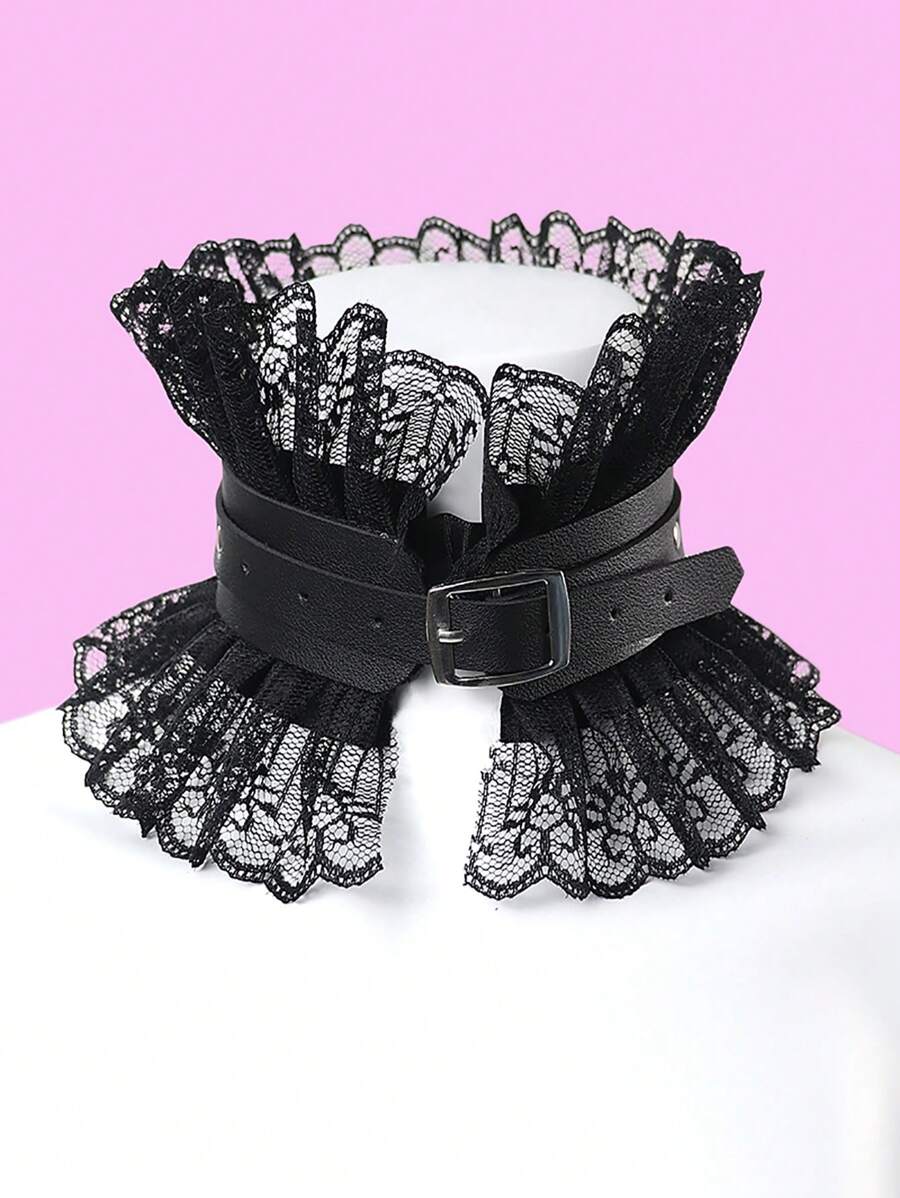 1 件蕾絲邊飾黑色皮領頸鍊道具適用於舞服服裝配件 - 黑色 - 查看 1