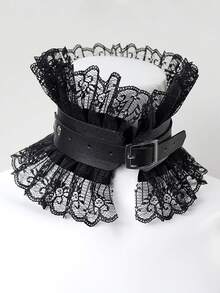 1 件蕾絲邊飾黑色皮領頸鍊道具適用於舞服服裝配件 - 黑色 - 查看 3