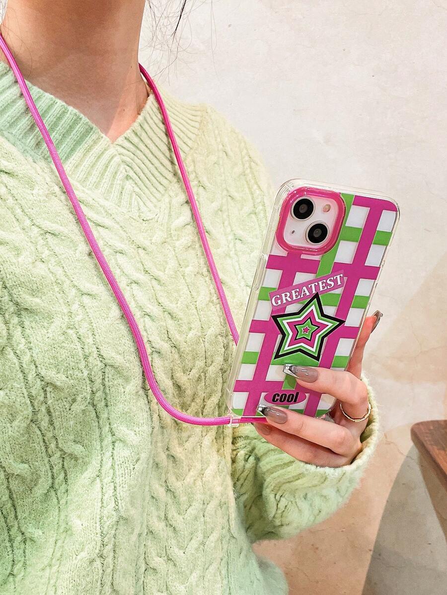 1 條綠色和粉紅色星星編織腰帶 1 條玫瑰紅色單肩斜挎掛繩帶 1 個加高保護粉色鏡頭環手機殼透明 Tpu 適合 Iphone15promax/11/12/13/14plus - 彩色 - 查看 1