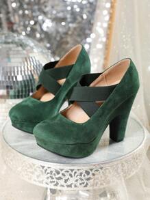超高跟絨面粗跟圓頭防水平台女士高跟鞋 - 墨綠色 - 查看 7