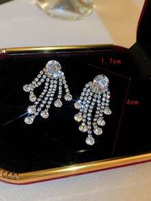 1 對女士鑽石鑲嵌流蘇耳環,時尚日常佩戴 - 銀色 - 查看 3