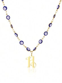 1pc Gold Stainless Steel Blue Evil Eye Initial A-Z Pendant Necklace Suitable For Women, Festival Gift