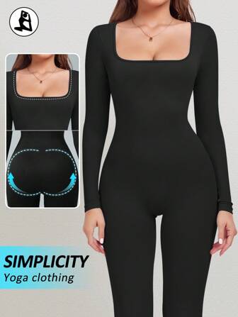 Yefecy Mono de yoga de unicolor acanalado, mono deportivo de manga larga con ajuste ceñido sin costuras, ropa deportiva para mujer