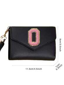 Portofel scurt pentru femei Portofel din piele PU neagră Fată drăguță Poșetă minunată pentru monede 26 scrisori inițiale Moda Femeie Suport carduri de mână Mini ciucuri Portofel