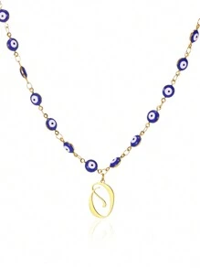 1pc Gold Stainless Steel Blue Evil Eye Initial A-Z Pendant Necklace Suitable For Women, Festival Gift