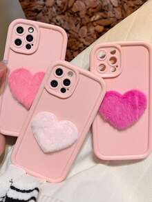 1pc Plush Heart Design Three Colors Phone Case Compatible With IPhone, Shockproof - Pink - View 4