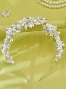 One Elegant Faux Pearl Bridal Headband Women Wedding Hair Accessory Rhinestone Shell Flower Bridal Headpiece Bridesmaid Girls Metal Headband Tiaras - 白色 - 查看 5