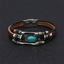 Vintage & Personalized Multi-Layer Men's Clasp Fashion Bracelet, Cross Border Beaded Leather Turquoise Bracelet - Multicolor - View 7