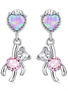 1對紫色方晶鋯石裝飾迷人心和熊耳釘適合女士純銀白色精細首飾類日常穿著禮物