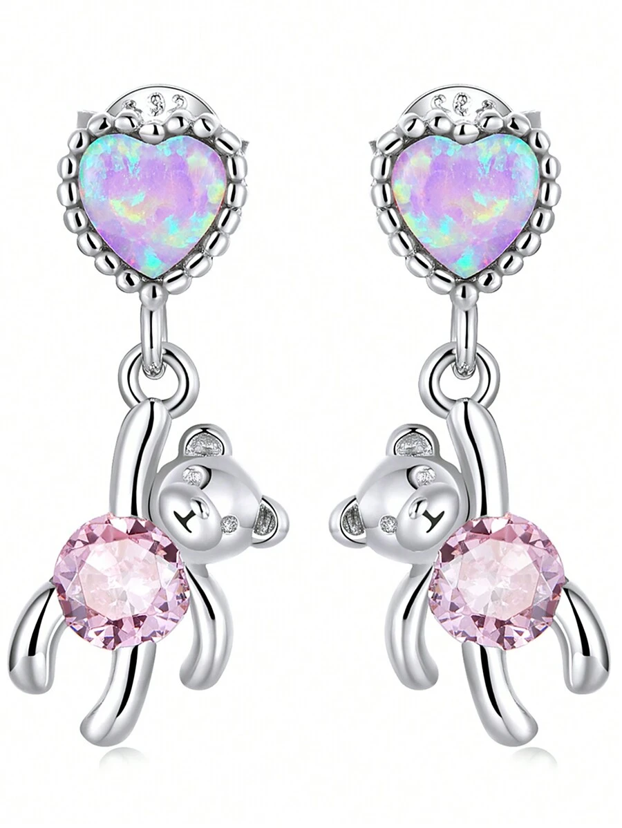 1對紫色方晶鋯石裝飾迷人心和熊耳釘適合女士純銀白色精細首飾類日常穿著禮物