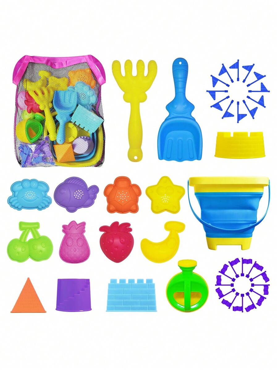 41入組3-10歲兒童沙灘玩具,可折疊沙桶和鏟子組合,附網袋,旗幟,沙模,適用於幼兒沙箱玩具,聖誕生日禮物給男孩和女孩 - 彩色 - 查看 1