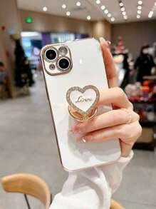 合金心形元素时尚电镀金属可折叠旋转立方氧化锆心形手机壳，兼容 11、 13、 14、 14 Pro、 14 Plus、 14 Pro Max、 15、 15 Pro、 15 Pro Max、 16、 16 Pro、 16 Plus、 16 Pro Max，防水防震防摔防刮，生日礼物派对佳品 - 白色 - 查看 2