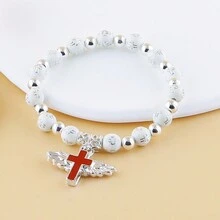 2pcs Silver-Tone Cross & Wing Design Acrylic Beaded Bracelet, Ideal For Birthdays, Mother'S Day, Father'S Day, Christmas, Valentine'S Day Gifts - SC005 - View 5
