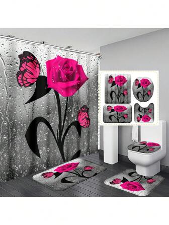 1pc/4pcs Water Drop Pink Roses And Butterflies Polyester Waterproof And Insulated Home Decoration Bathroom Shower Curtain With 12 Hooks Bathroom Anti-Slip Mat U-Shaped Floor Mat And Round Toilet Seat Mat Bathroom Set For All Scenes Use Home Bathroom Decor Fall Decor Bathroom Accessories Back To School