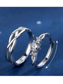 2pcs Fashionable Rhinestone Inlaid Wedding Engagement Ring, Adjustable Size Couple Rings For Women, Valentine's Day Gift - Silver - View 2
