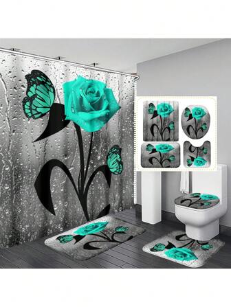 1 st/4 st vattendroppe grön ros & fjärilstryck polyester vattentätt & värmeisolerande heminredning badrum duschdraperiset med 12 krokar, halkfri matta, U-formad matta och litet runt toalettsitsskydd, lämplig för alla tillfällen heminredning badrumsdekor höstdekor badrumstillbehör tillbaka till skolan