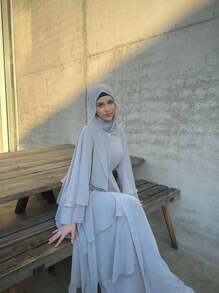 1pc Women Hijab Double-Layer Chiffon Abaya Open Front Caftan For Women, Loose Fit Dress Gown - Grey - View 3