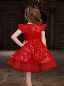 Alisa&Leo Girls' Formal Evening Dress, Round Neck Design, Delicate Ruffle Sleeves, Elegant A-Line Skirt, Suitable For Weddings, Banquets, Awards Ceremonies, Galas And Charity Events. - Red - View 3