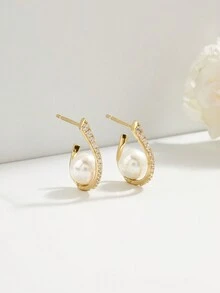 Cici Color 1對女性婚禮派對珠寶禮物s925純銀14k黃鍍古董貝殼珠耳環 - 金黃色 - 查看 1