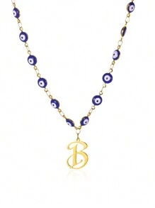 1pc Gold Stainless Steel Blue Evil Eye Initial A-Z Pendant Necklace Suitable For Women, Festival Gift