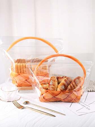 25入組大容量透明自封麵包吐司袋，印有人工籃子印花，輕便自黏面包烘焙包裝袋，適用於包裝餅乾、麵包、禮品、土司、糖果婚禮派對禮品袋