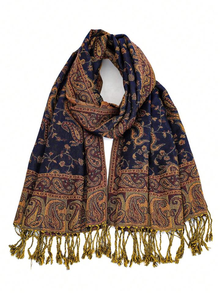 ★HILLDA★ Bohemian Paisley Scarf Khaki 24SSBPSK 70s Indian Silk Fringe Maxi Boho Scarf Paisley Floral Hippie