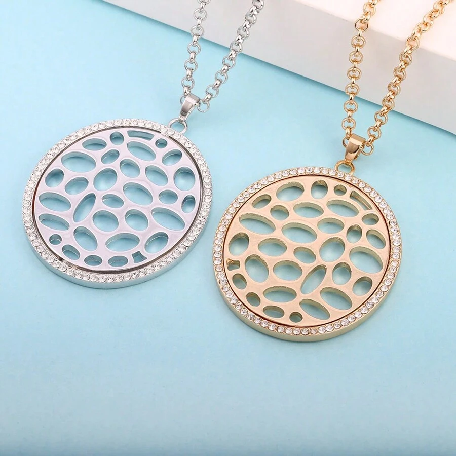 1 件大号空心椭圆形吊坠长项链适合优雅女士不锈钢链水晶不对称几何时尚女性珠宝礼物 - 圓形 - 查看 1