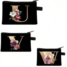 1 pieza Bolsa de cosméticos con patrón floral en 3D de letras, bolsa de maquillaje con cremallera espaciosa, bolsa de aseo resistente, organizador de accesorios de viaje para mujeres, decoración en rosa para habitación, dormitorio, baño, sala de estar, escritorio, cosas de viaje y regalos para bodas, cumpleaños, año nuevo, accesorios para padres, amigos, maestros, hombres y mujeres. Divertido organizador de almacenamiento para joyas y perfumes en cajas y contenedores de almacenamiento