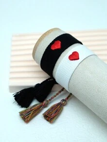 1pc Embroidered Heart Shaped Bohemian Handmade Braided Tassel Bracelet, Suitable For Couples As Gift - love - View 4