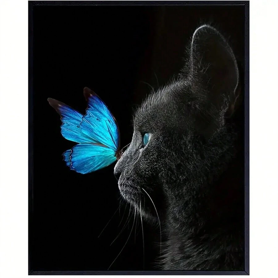 1入組貓咪蝴蝶牆飾-黑白啟發狼-可愛貓貓海報-卡哇伊動漫貓畫-幼兒室浴室臥室辦公室客廳家居牆面裝飾,無框 - 黑色 - 查看 1