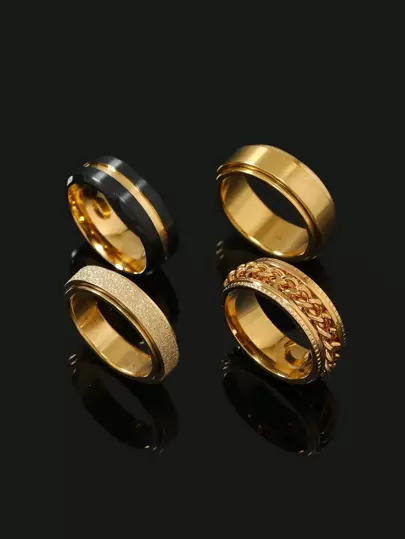 Set Of 4 Stylish Stainless Steel Men's Single Ring Black Embossed Frosted Decorative  Daily Wear Halloween Gift